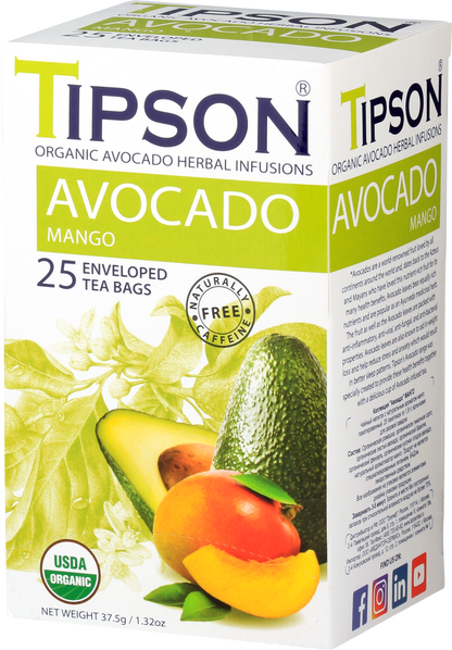 Boczny widok pudełka herbaty Tipson Avocado Mango z ilustracją awokado i mango.