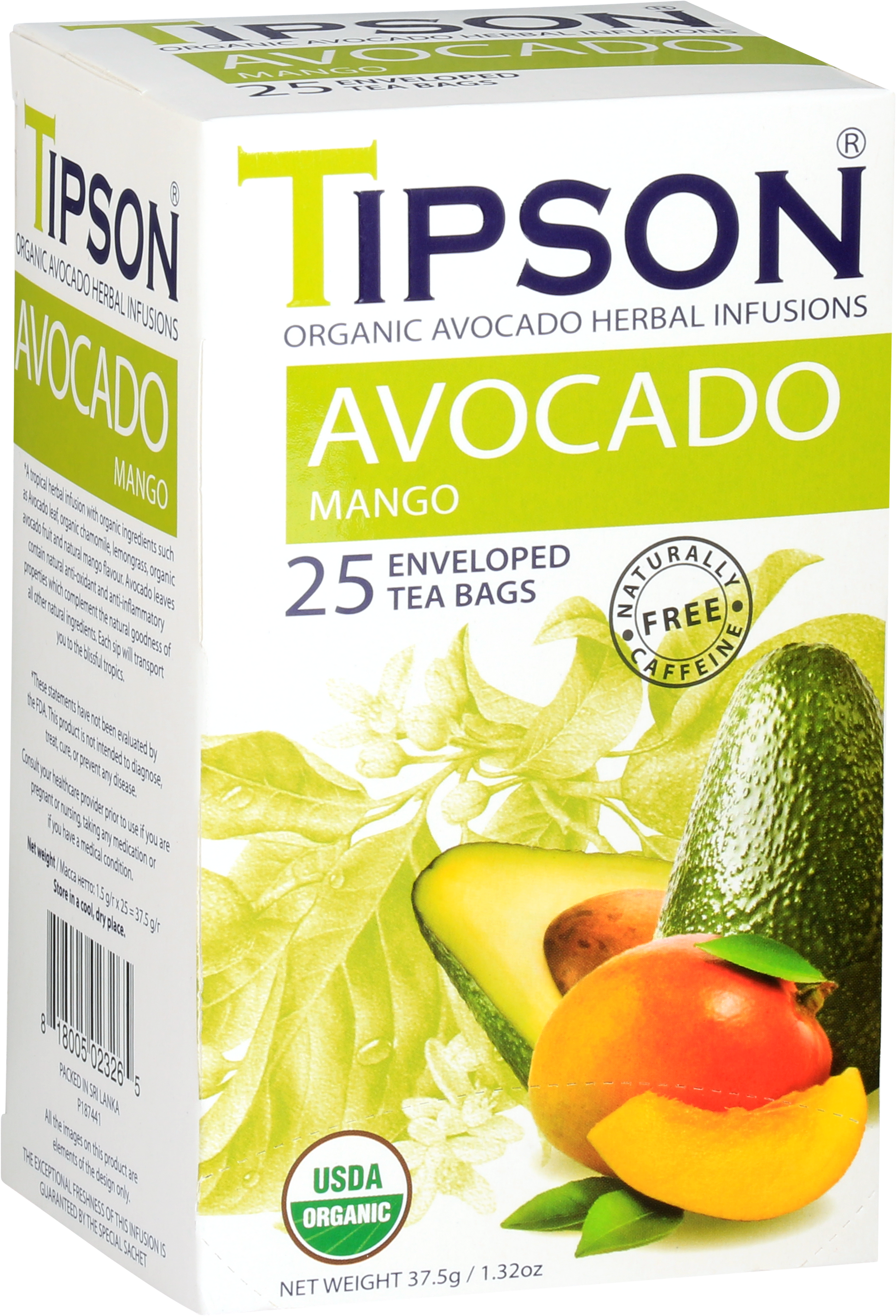 Przód opakowania herbaty Tipson Avocado Mango z napisem organic avocado herbal infusions.