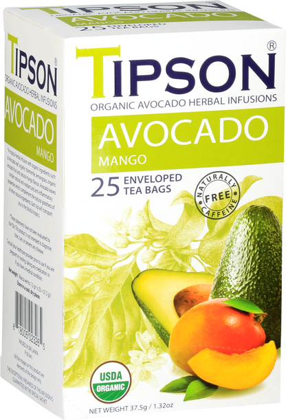 Przód opakowania herbaty Tipson Avocado Mango z napisem organic avocado herbal infusions.