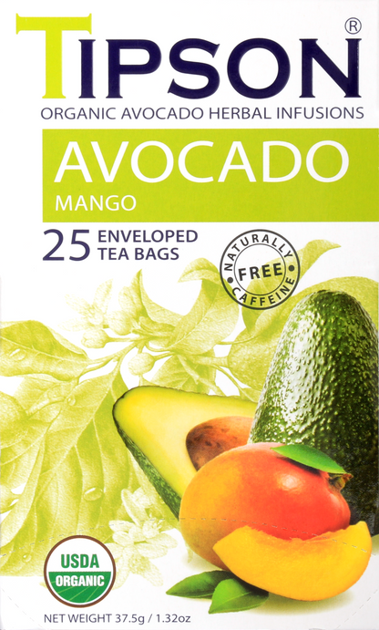 Opakowanie herbaty Tipson Avocado Mango z otwartym wieczkiem i widocznymi saszetkami herbaty ziołowej.
