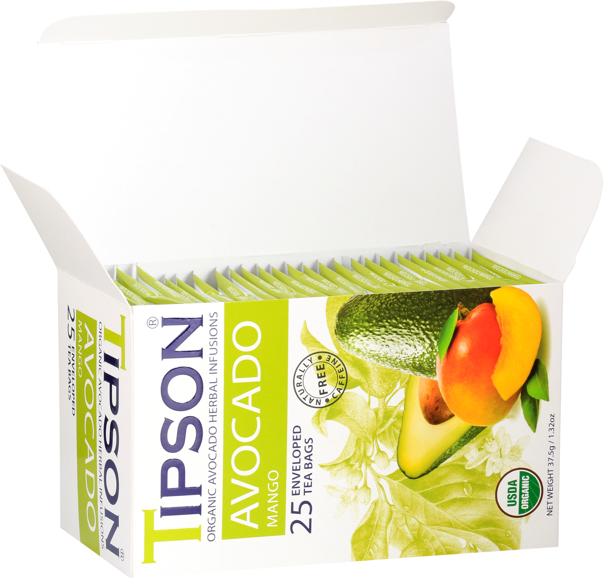 Zbliżenie pudełka herbaty Tipson Avocado Mango z owocami awokado i mango na tle zielonych liści.