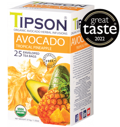 Opakowanie herbaty Tipson Avocado Tropical Pineapple z oznaczeniem Great Taste 2022.