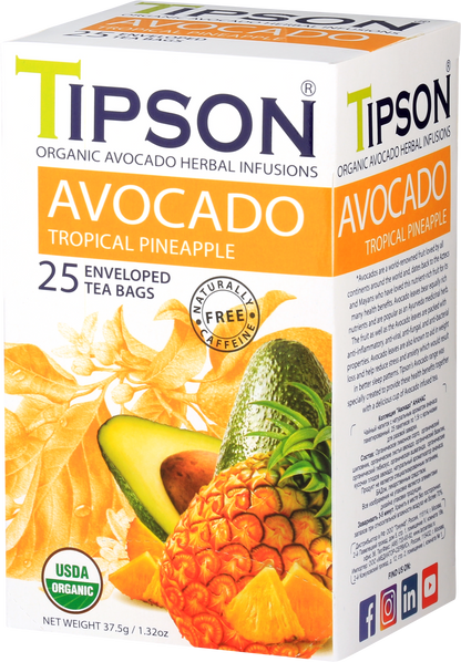 Boczny widok pudełka herbaty Tipson Avocado Tropical Pineapple z ilustracją awokado i ananasa.