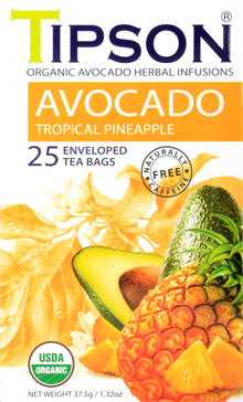 bliżenie frontu opakowania herbaty Tipson Avocado Tropical Pineapple z certyfikatem USDA Organic.