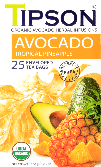 bliżenie frontu opakowania herbaty Tipson Avocado Tropical Pineapple z certyfikatem USDA Organic.