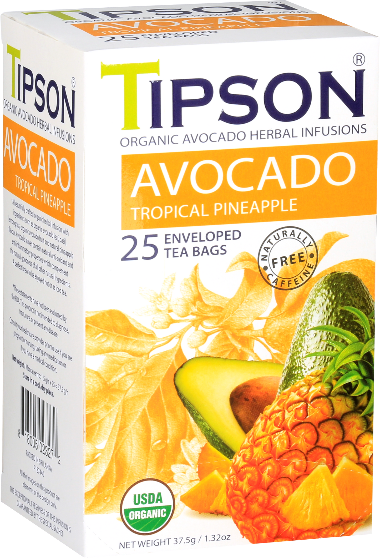 Boczny widok pudełka herbaty Tipson Avocado Tropical Pineapple z ilustracją awokado i ananasa.