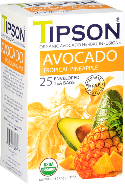 Boczny widok pudełka herbaty Tipson Avocado Tropical Pineapple z ilustracją awokado i ananasa.