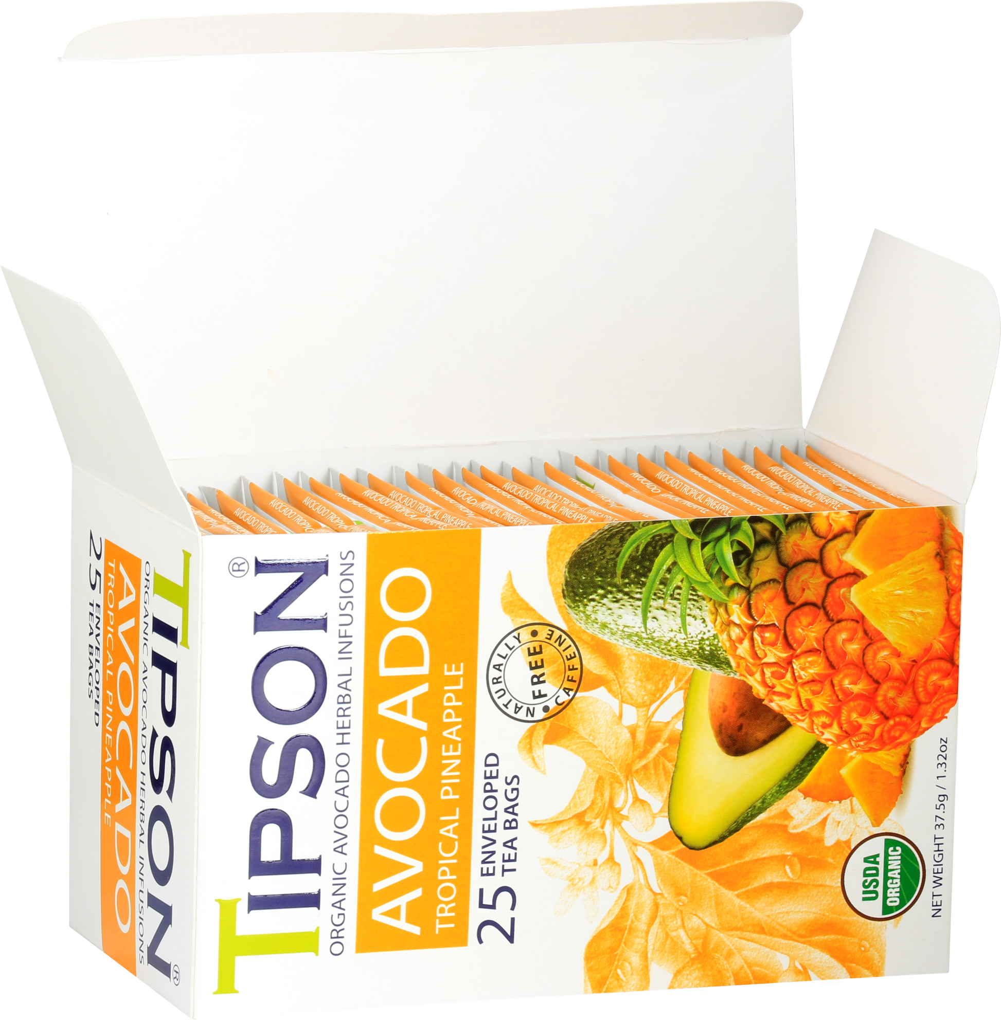 Otwarte pudełko herbaty Tipson Avocado Tropical Pineapple z widocznymi saszetkami.