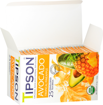 Otwarte pudełko herbaty Tipson Avocado Tropical Pineapple z widocznymi saszetkami.