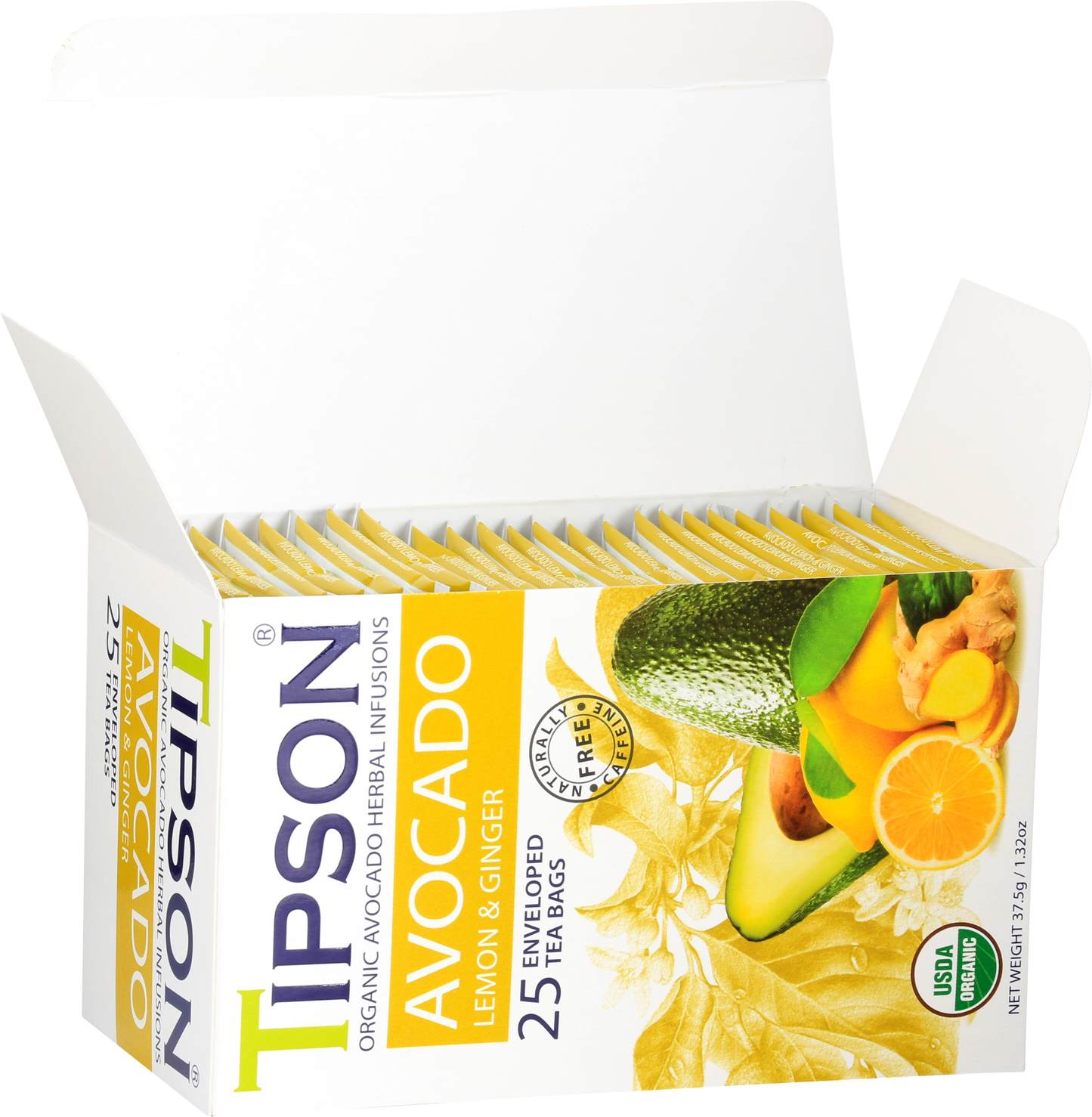 Otwarte pudełko herbaty Tipson Avocado Lemon & Ginger z widocznymi saszetkami.