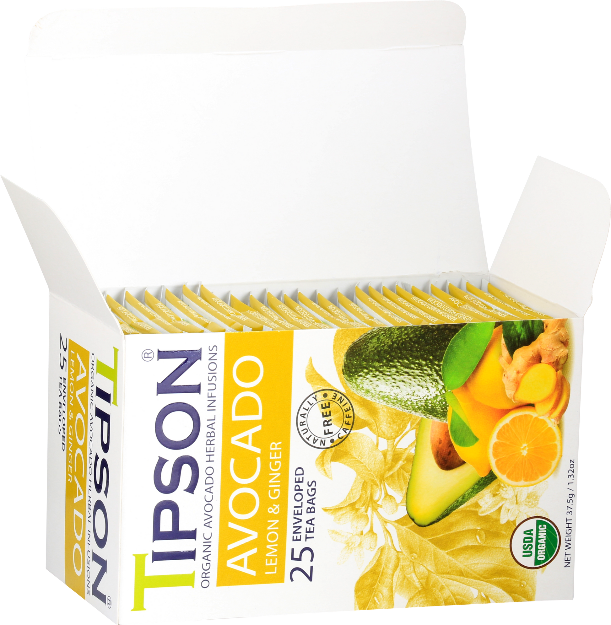Otwarte pudełko herbaty Tipson Avocado Lemon & Ginger z widocznymi saszetkami.