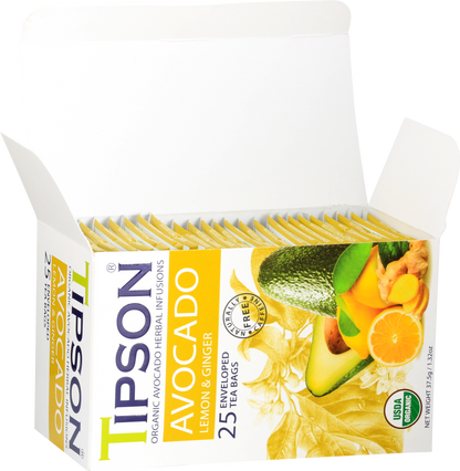 Otwarte pudełko herbaty Tipson Avocado Lemon & Ginger z widocznymi saszetkami.