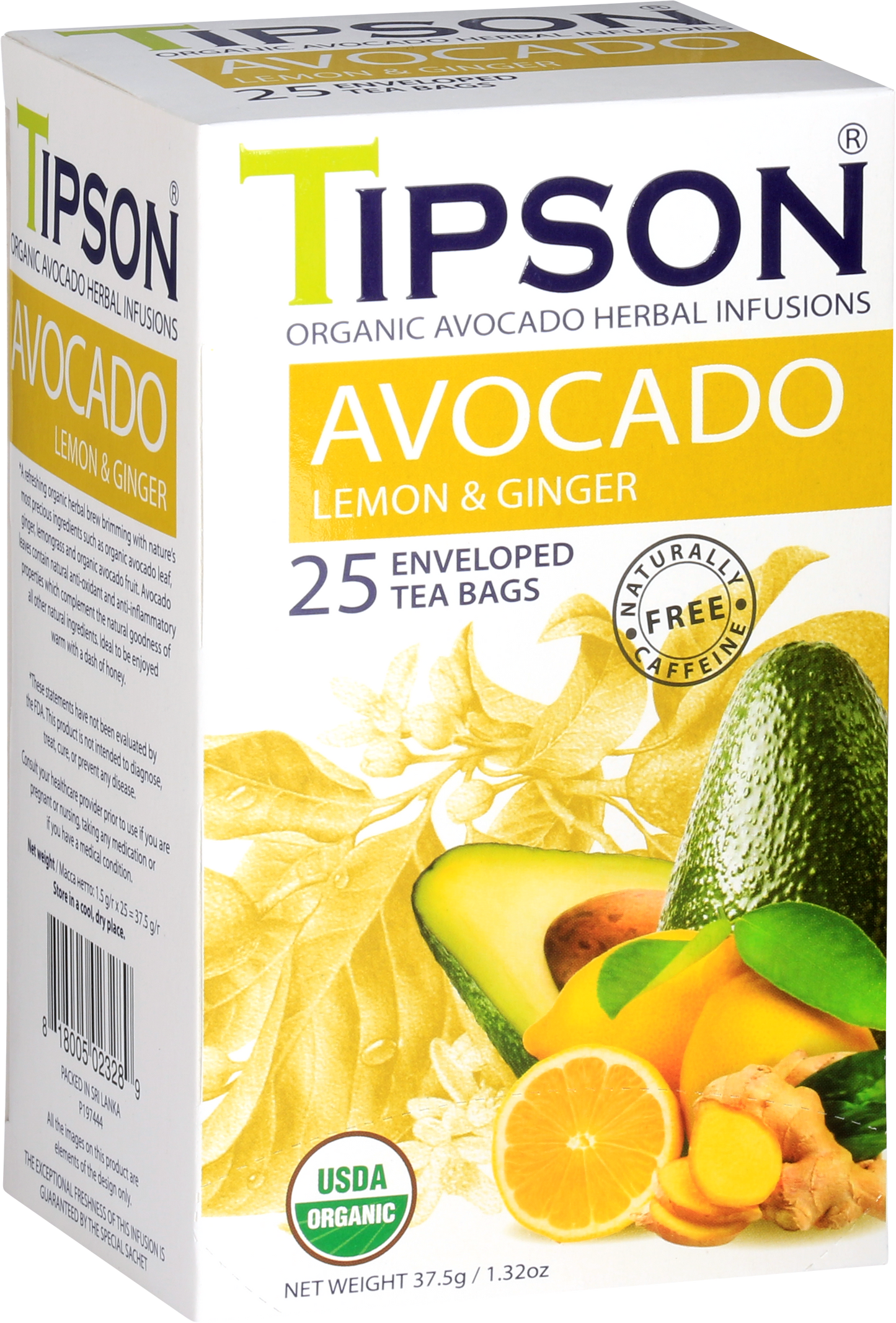 Przód pudełka herbaty Tipson Avocado Lemon & Ginger z certyfikatem USDA Organic.