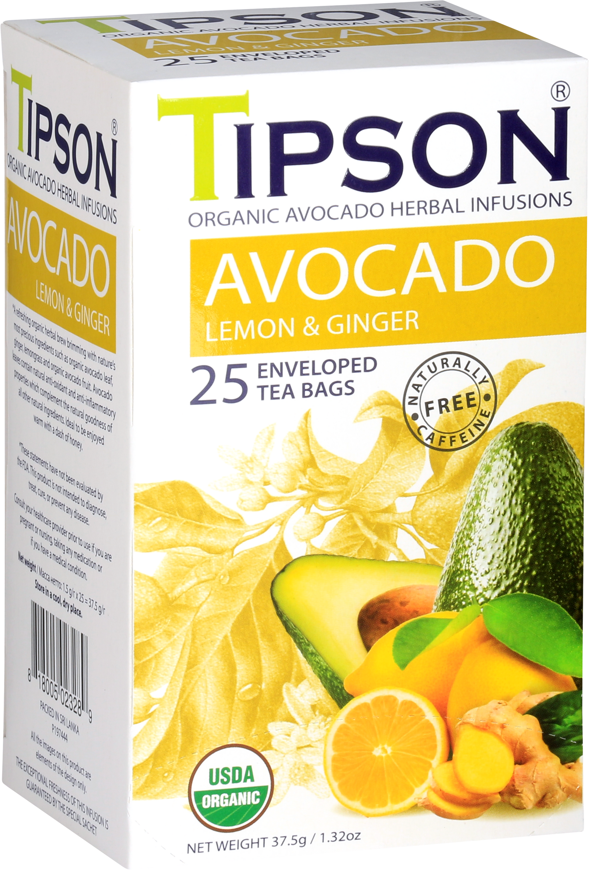 Przód pudełka herbaty Tipson Avocado Lemon & Ginger z certyfikatem USDA Organic.