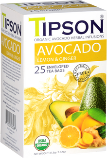 Przód pudełka herbaty Tipson Avocado Lemon & Ginger z certyfikatem USDA Organic.