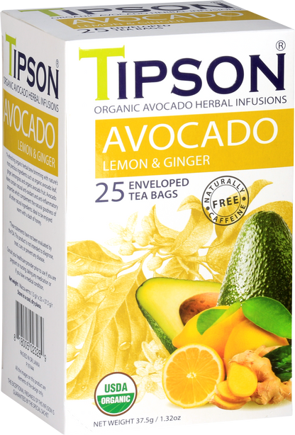 Przód pudełka herbaty Tipson Avocado Lemon & Ginger z certyfikatem USDA Organic.