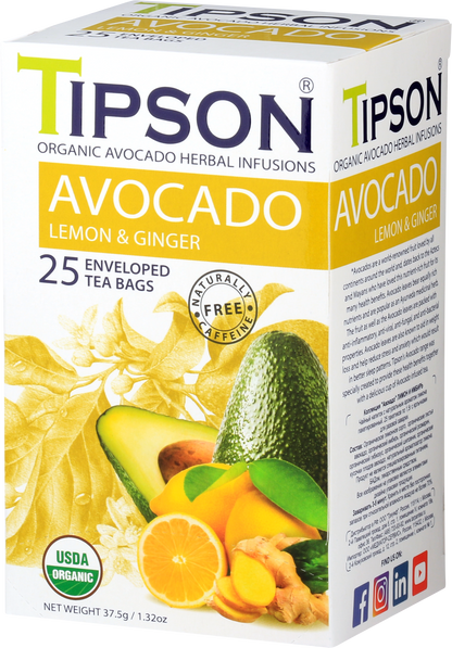 Boczny widok opakowania herbaty Tipson Avocado Lemon & Ginger z ilustracją owoców cytryny, awokado i imbiru.
