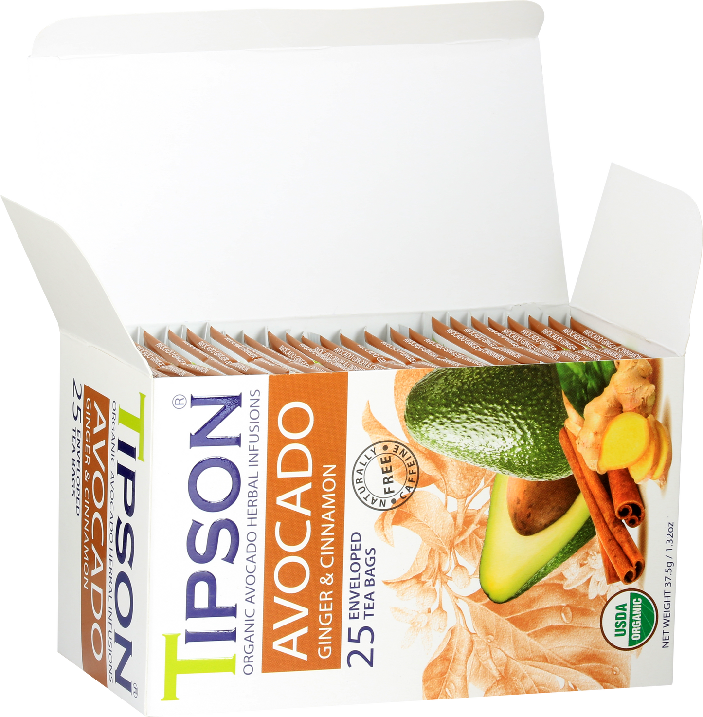 Otwarte pudełko herbaty Tipson Avocado Ginger & Cinnamon z widocznymi saszetkami herbaty.