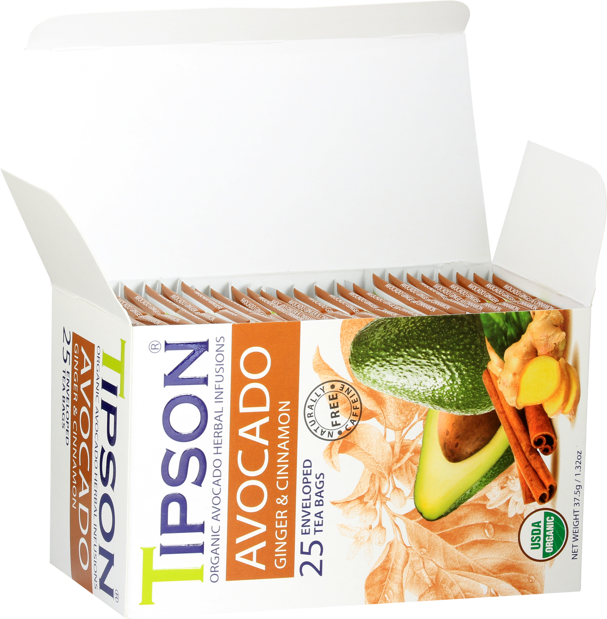 Otwarte pudełko herbaty Tipson Avocado Ginger & Cinnamon z widocznymi saszetkami herbaty.