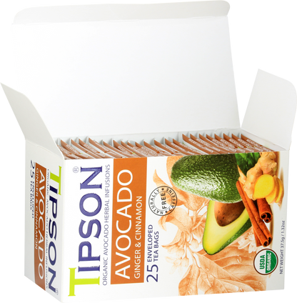 Otwarte pudełko herbaty Tipson Avocado Ginger & Cinnamon z widocznymi saszetkami herbaty.