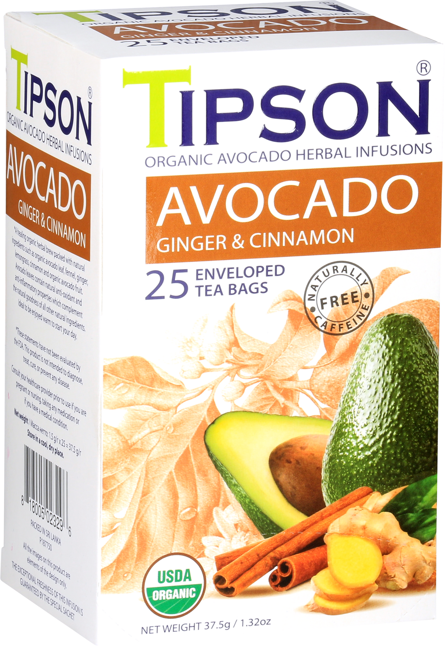 Przód opakowania herbaty Tipson Avocado Ginger & Cinnamon z certyfikatem USDA Organic.