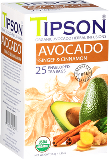 Przód opakowania herbaty Tipson Avocado Ginger & Cinnamon z certyfikatem USDA Organic.