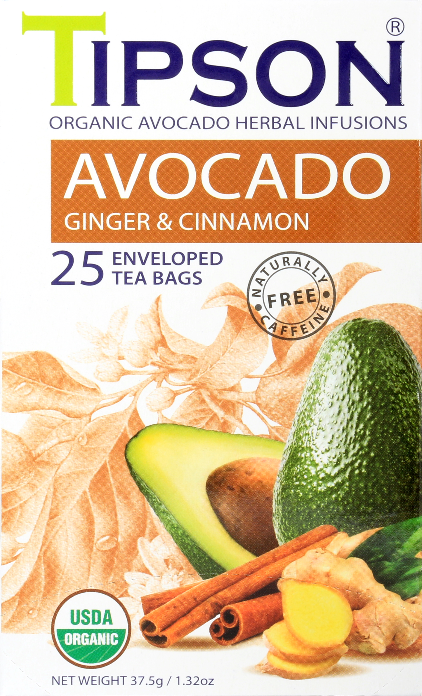Zbliżenie pudełka herbaty Tipson Avocado Ginger & Cinnamon przedstawiające owoce i przyprawy.