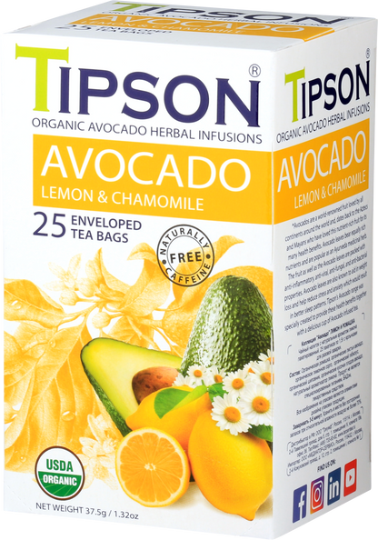 Przód opakowania herbaty Tipson Avocado Lemon & Chamomile z ilustracją awokado, cytryny i rumianku.