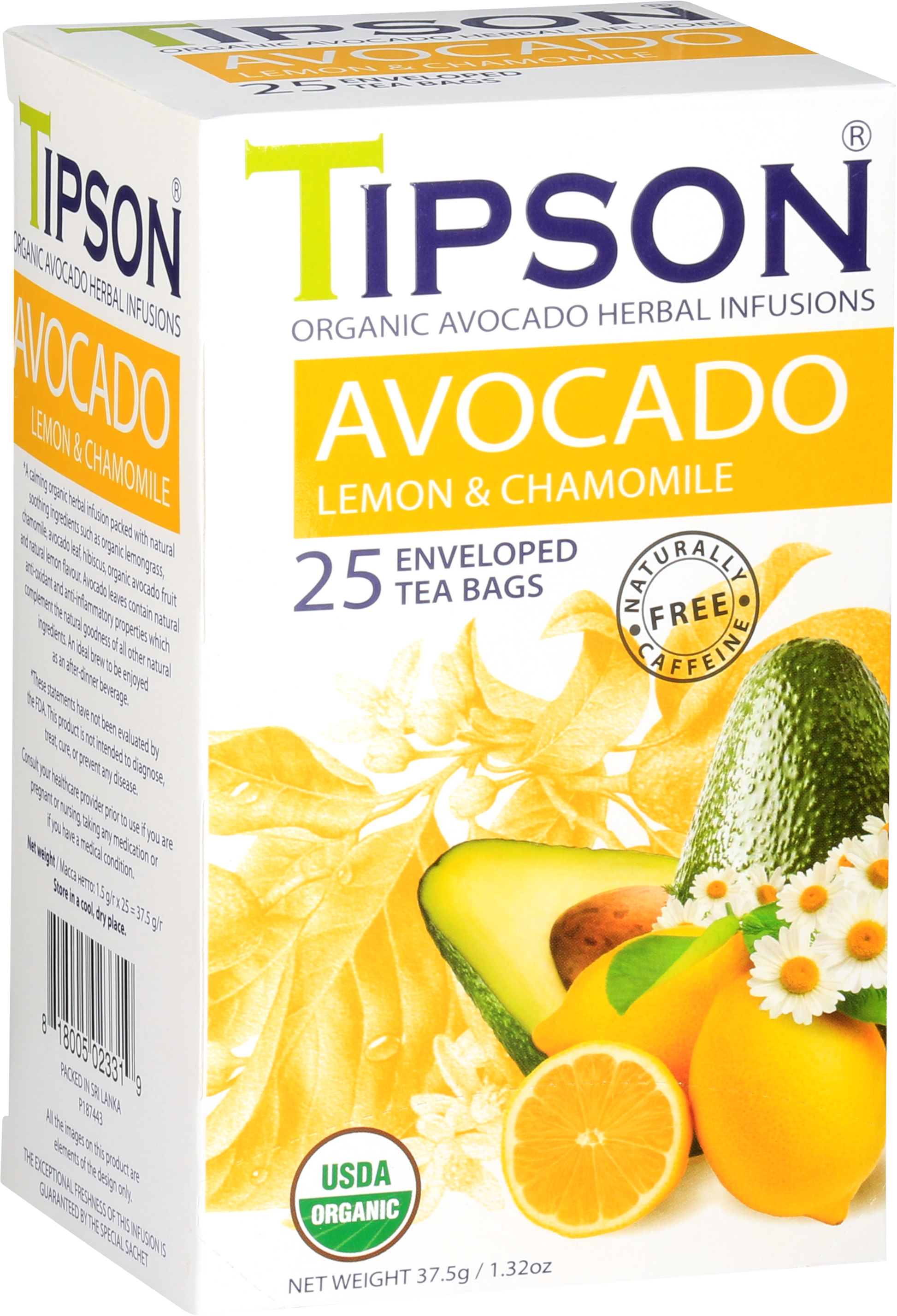 Boczny widok opakowania herbaty Tipson Avocado Lemon & Chamomile z opisem produktu.