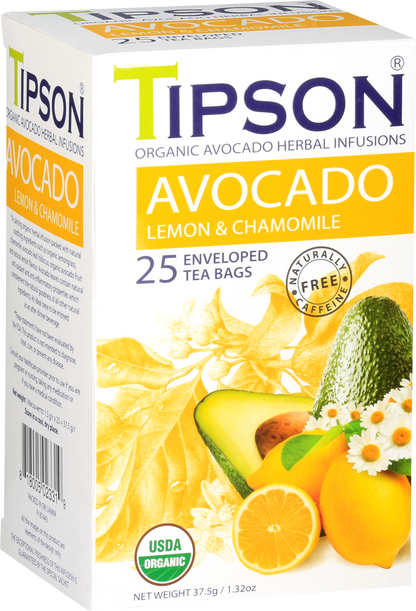 Boczny widok opakowania herbaty Tipson Avocado Lemon & Chamomile z opisem produktu.