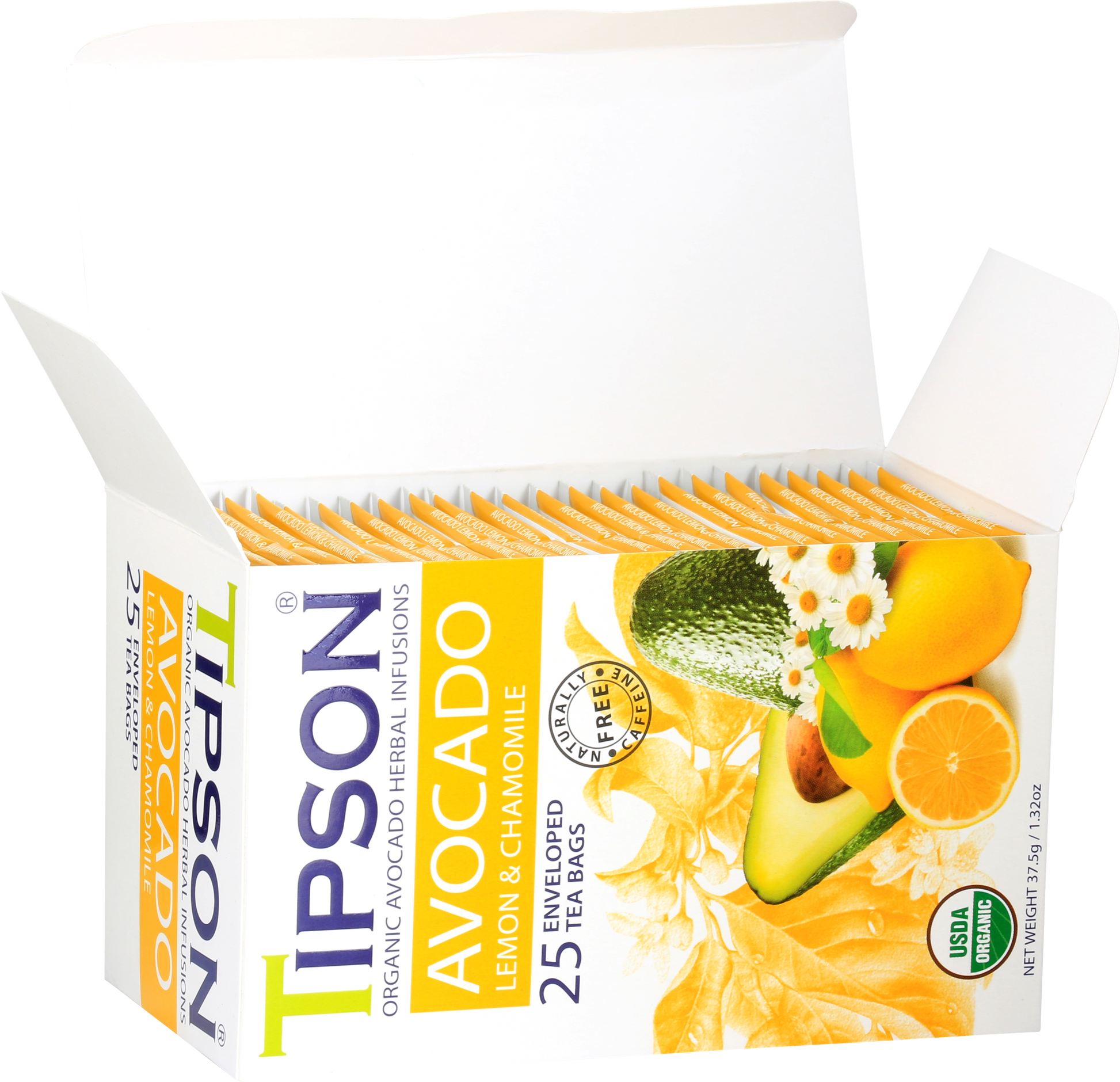 Otwarte pudełko herbaty Tipson Avocado Lemon & Chamomile z widocznymi saszetkami.
