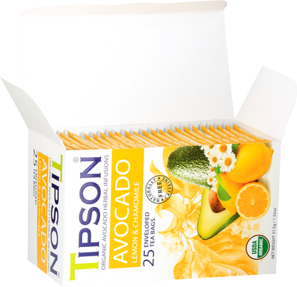 Otwarte pudełko herbaty Tipson Avocado Lemon & Chamomile z widocznymi saszetkami.