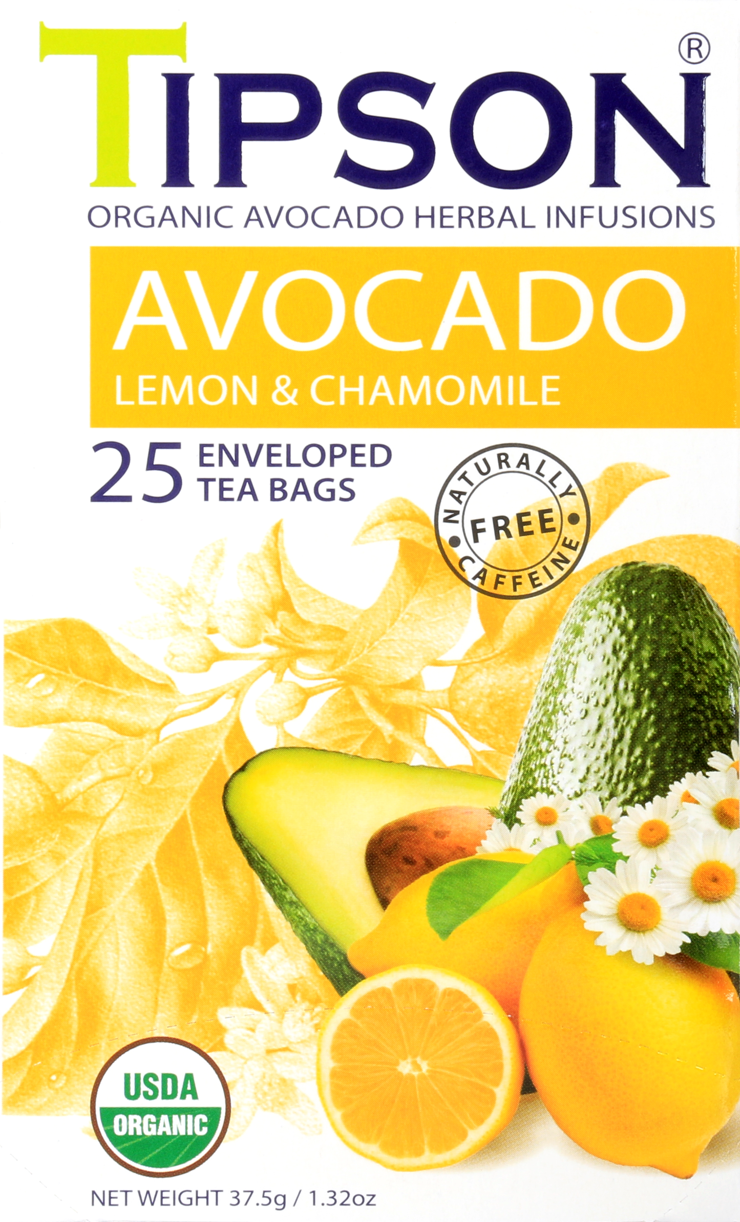 Zbliżenie frontu pudełka herbaty Tipson Avocado Lemon & Chamomile z certyfikatem USDA Organic.