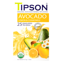 Zbliżenie frontu pudełka herbaty Tipson Avocado Lemon & Chamomile z certyfikatem USDA Organic.