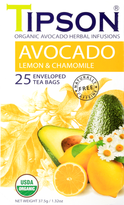 Zbliżenie frontu pudełka herbaty Tipson Avocado Lemon & Chamomile z certyfikatem USDA Organic.
