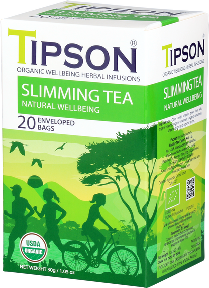 Przód opakowania herbaty Tipson Slimming Tea z zieloną grafiką przedstawiającą biegaczy i rowerzystów.