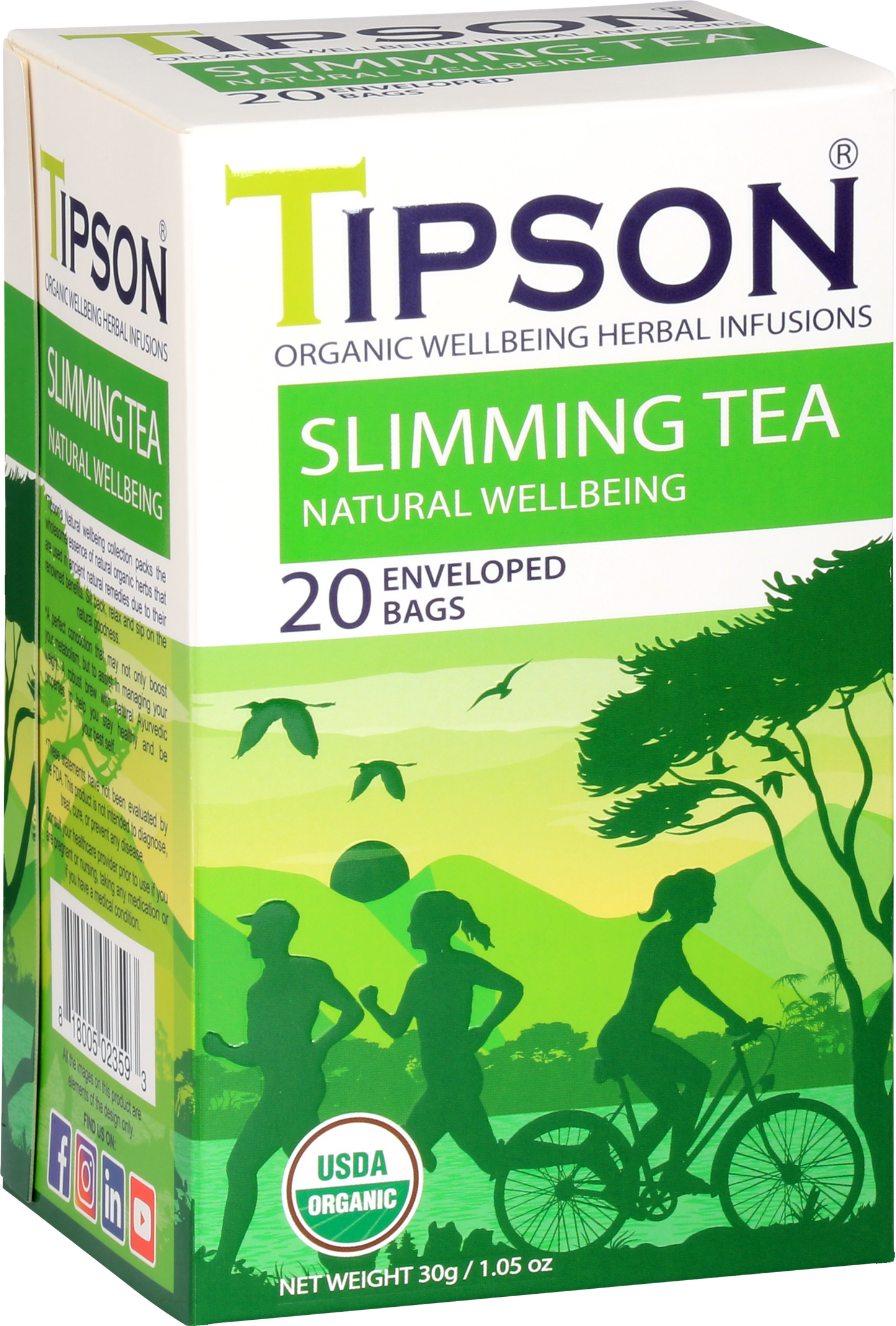 Boczny widok opakowania herbaty Tipson Slimming Tea z certyfikatem USDA Organic.