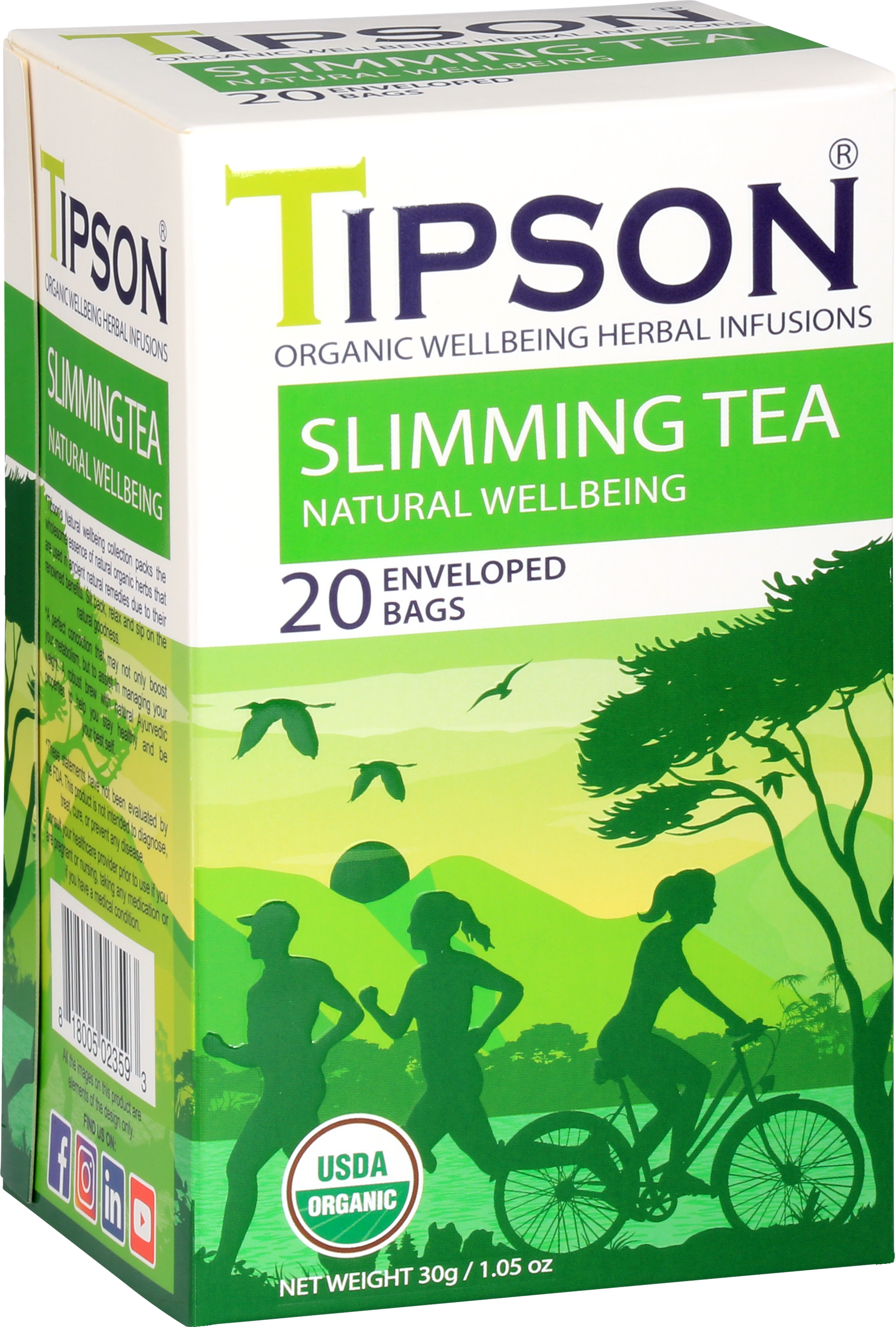 Boczny widok opakowania herbaty Tipson Slimming Tea z certyfikatem USDA Organic.