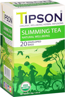 Boczny widok opakowania herbaty Tipson Slimming Tea z certyfikatem USDA Organic.