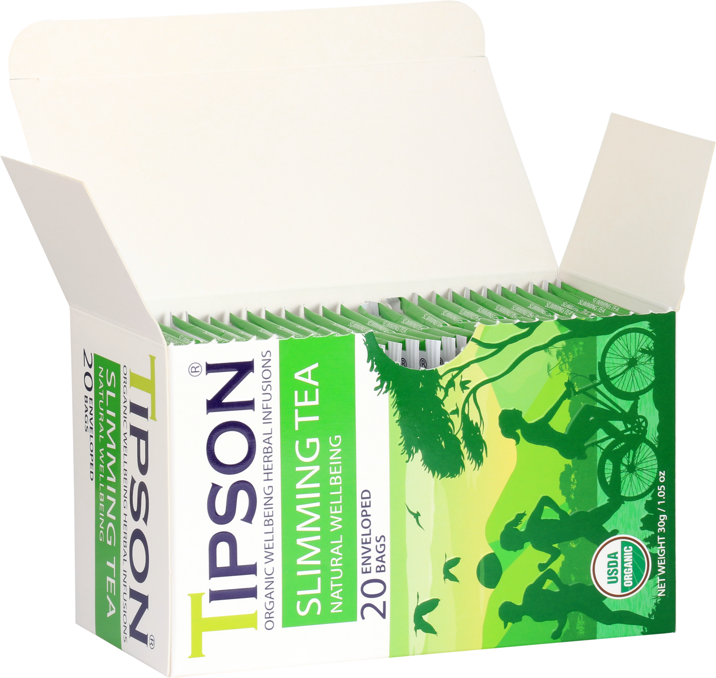 Otwarte pudełko herbaty Tipson Slimming Tea Natural Wellbeing z widocznymi saszetkami.