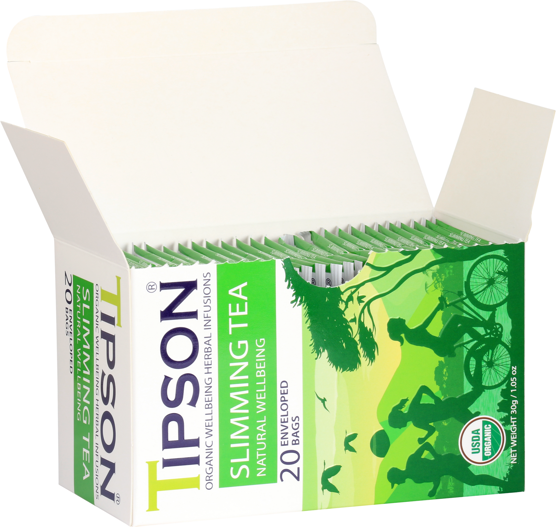 Otwarte pudełko herbaty Tipson Slimming Tea Natural Wellbeing z widocznymi saszetkami.