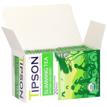 Otwarte pudełko herbaty Tipson Slimming Tea Natural Wellbeing z widocznymi saszetkami.