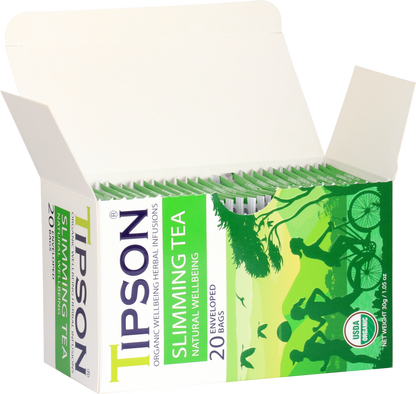 Otwarte pudełko herbaty Tipson Slimming Tea Natural Wellbeing z widocznymi saszetkami.