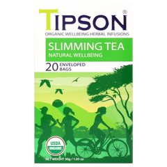Zbliżenie frontu pudełka herbaty Tipson Slimming Tea z napisem Organic Wellbeing Herbal Infusions.