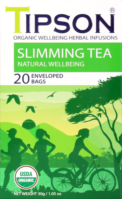Zbliżenie frontu pudełka herbaty Tipson Slimming Tea z napisem Organic Wellbeing Herbal Infusions.