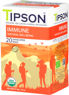 Boczny widok opakowania herbaty Tipson Immune Natural Wellbeing z certyfikatem USDA Organic.