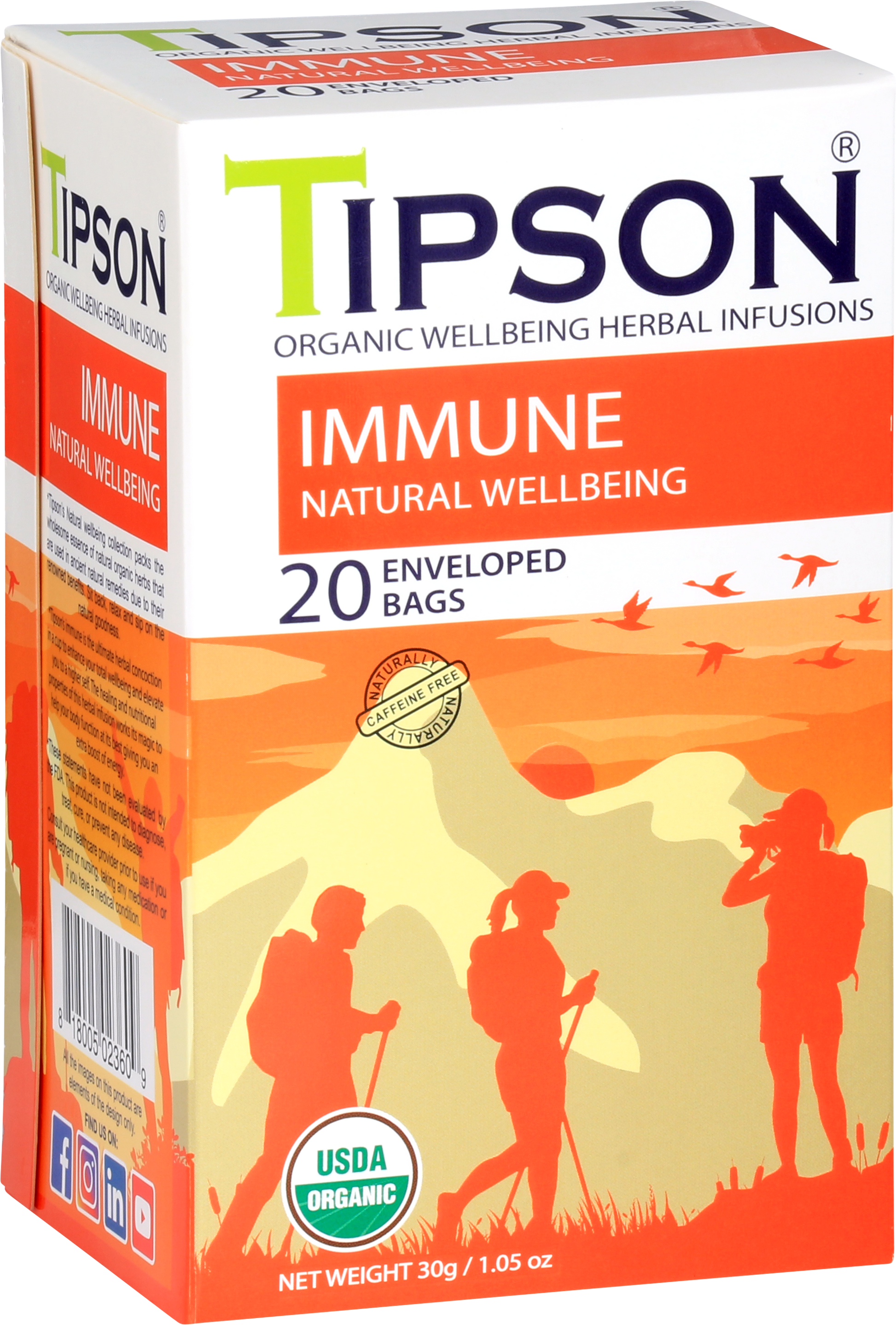 Przód opakowania herbaty Tipson Immune Natural Wellbeing z ilustracją osób na tle gór.