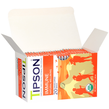 Otwarte pudełko herbaty Tipson Immune Natural Wellbeing z widocznymi saszetkami.