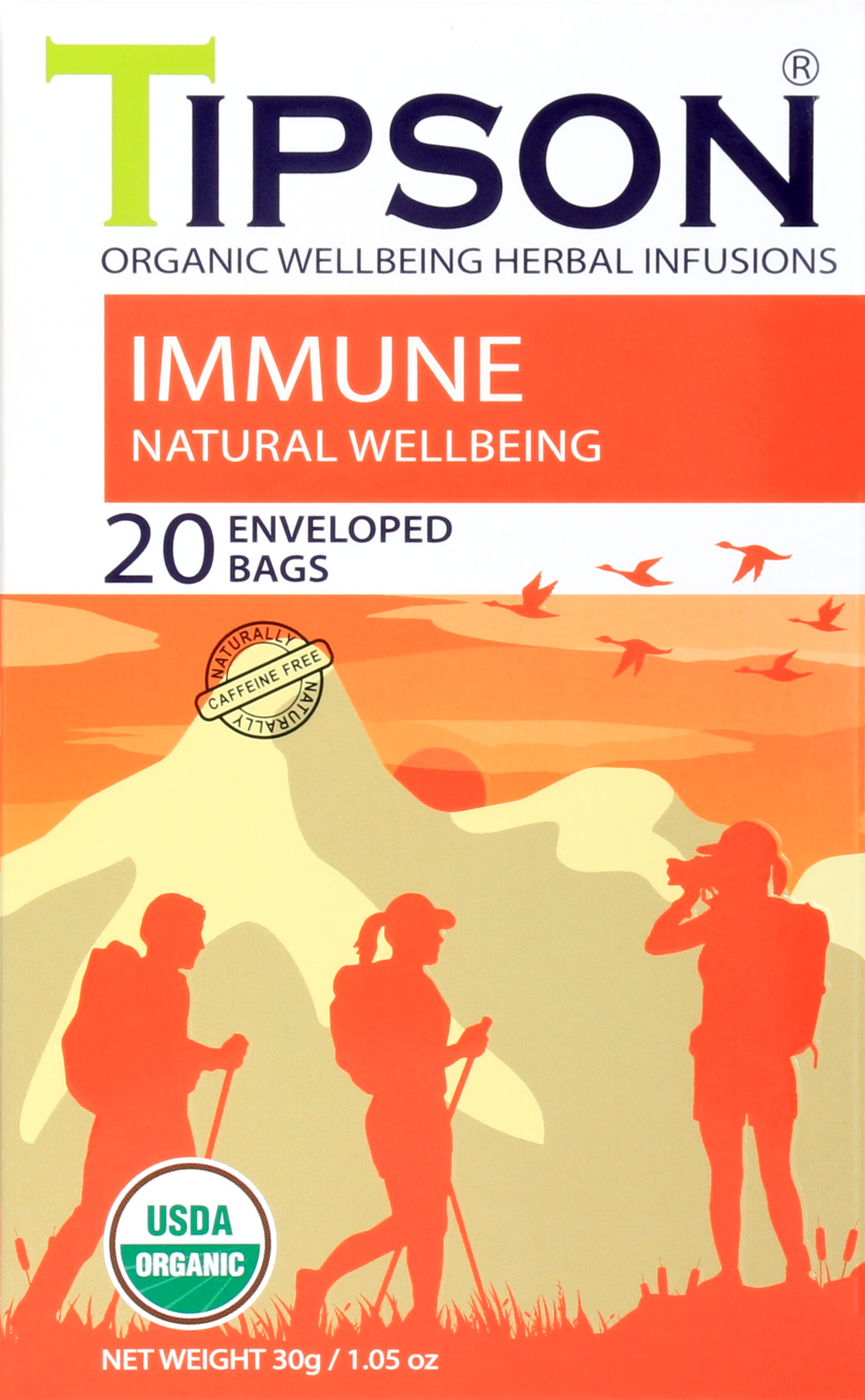 Zbliżenie na front pudełka herbaty Tipson Immune Natural Wellbeing z napisem Organic Wellbeing Herbal Infusions.