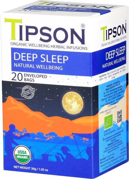 Przód opakowania herbaty Tipson Deep Sleep Natural Wellbeing z grafiką nocnego krajobrazu.